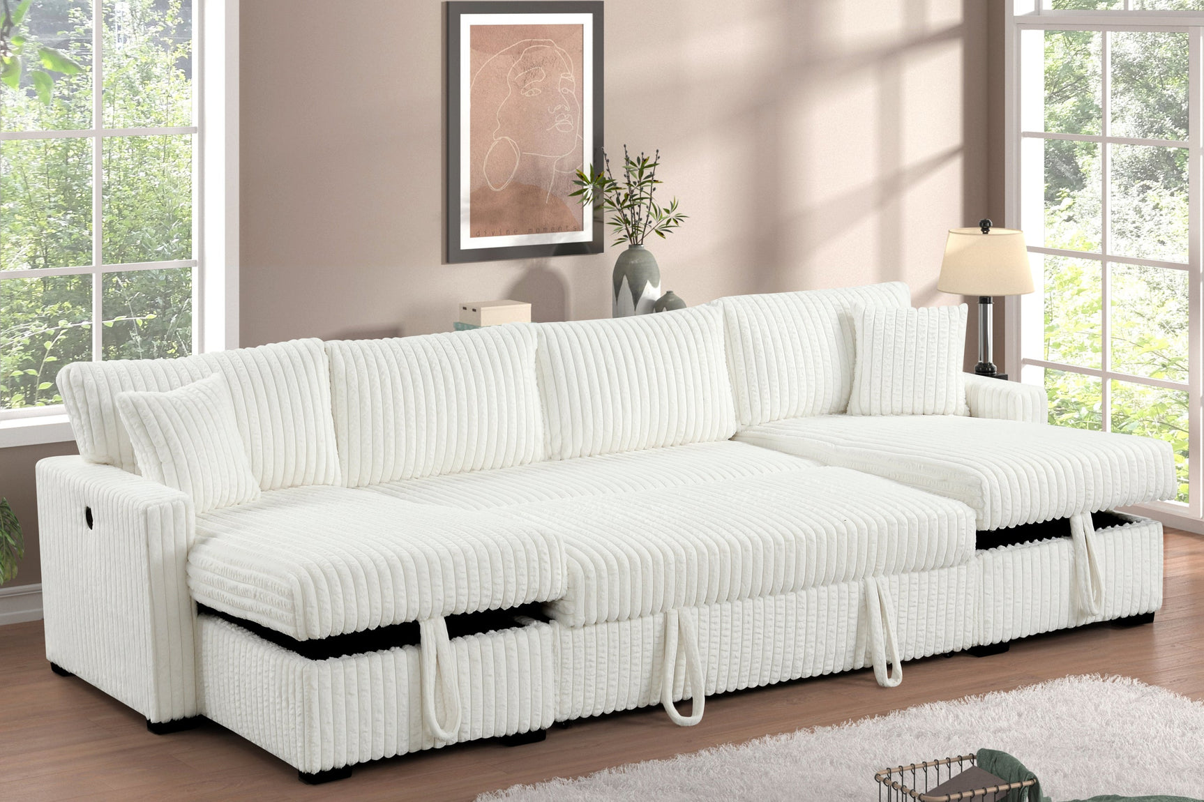 Side view of July Beige Sectional Sofa showing chaise seating and USB charging ports