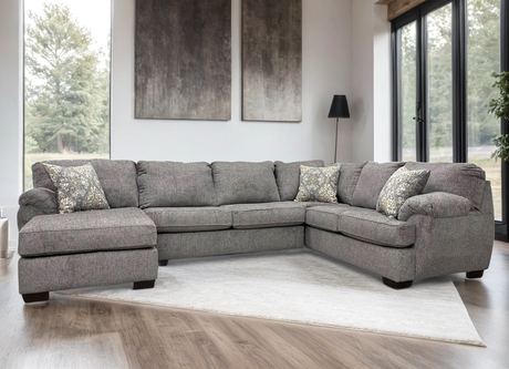 Front view of Brentwood Gray Chenille sectional sofa with chaise