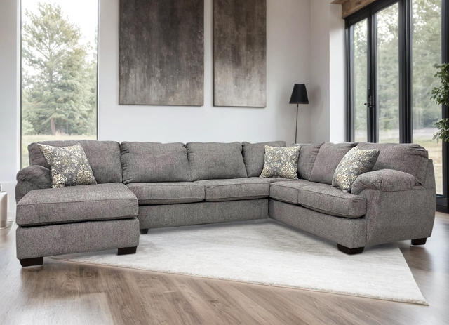 Front view of Brentwood Gray Chenille sectional sofa with chaise