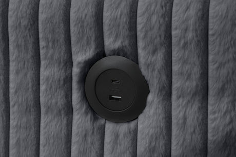 Close-up detail of charcoal fabric and chaise storage on July Sectional sofa