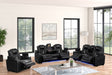 Stefano black gel leather reclining sofa with drop-down table