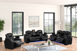 Stefano black gel leather reclining sofa with drop-down table