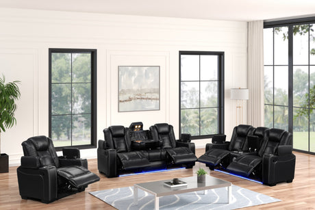 Stefano black gel leather reclining sofa with drop-down table