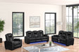 Stefano black gel leather reclining loveseat with Bluetooth speaker