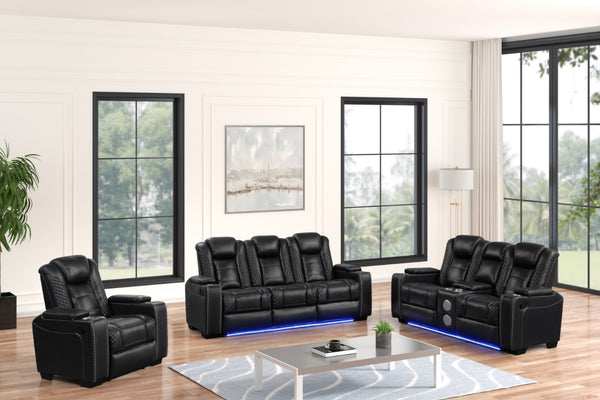 Stefano black gel leather reclining loveseat with Bluetooth speaker