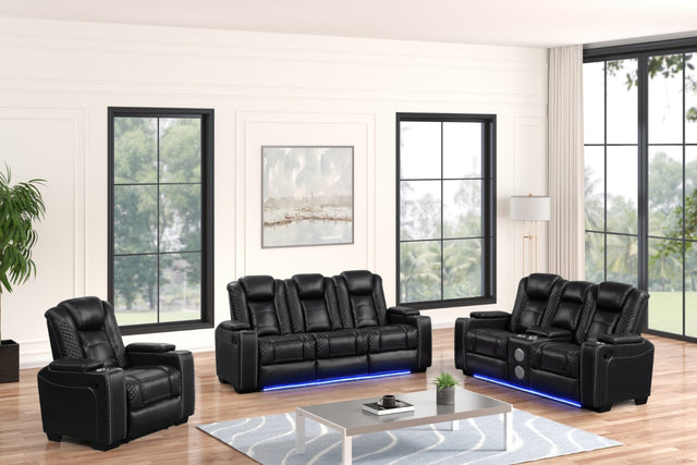 Stefano black gel leather reclining loveseat with Bluetooth speaker