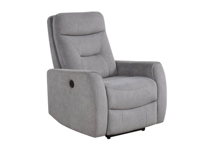 Nina recliner chair in gray fabric fully reclined position