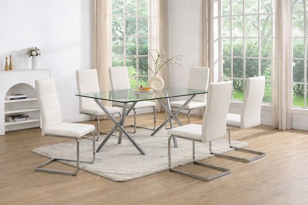 Main view of Dani white glass dining table with six chairs