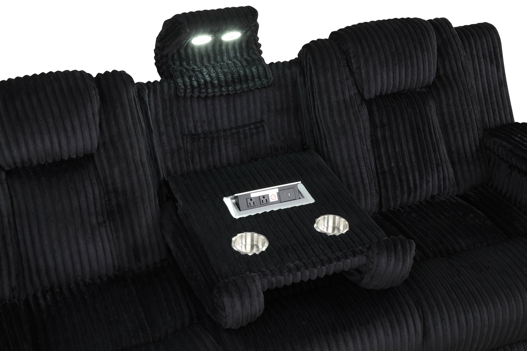 Sofa drop-down tray with power box outlets and cup holders