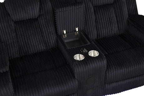 Reclined position of loveseat highlighting LED lights