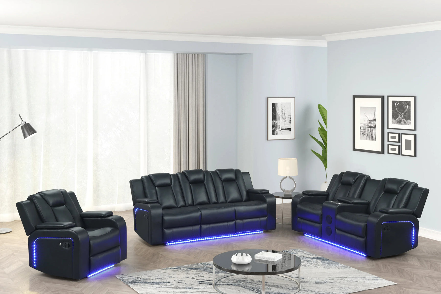 Black gel leather reclining sofa side view