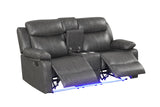 Close-up of LED lighting under loveseat footrest