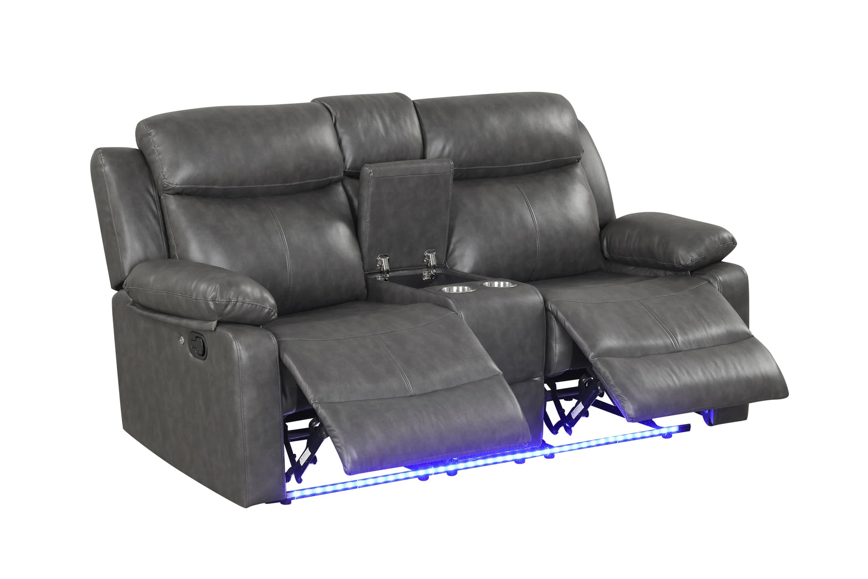 Close-up of LED lighting under loveseat footrest