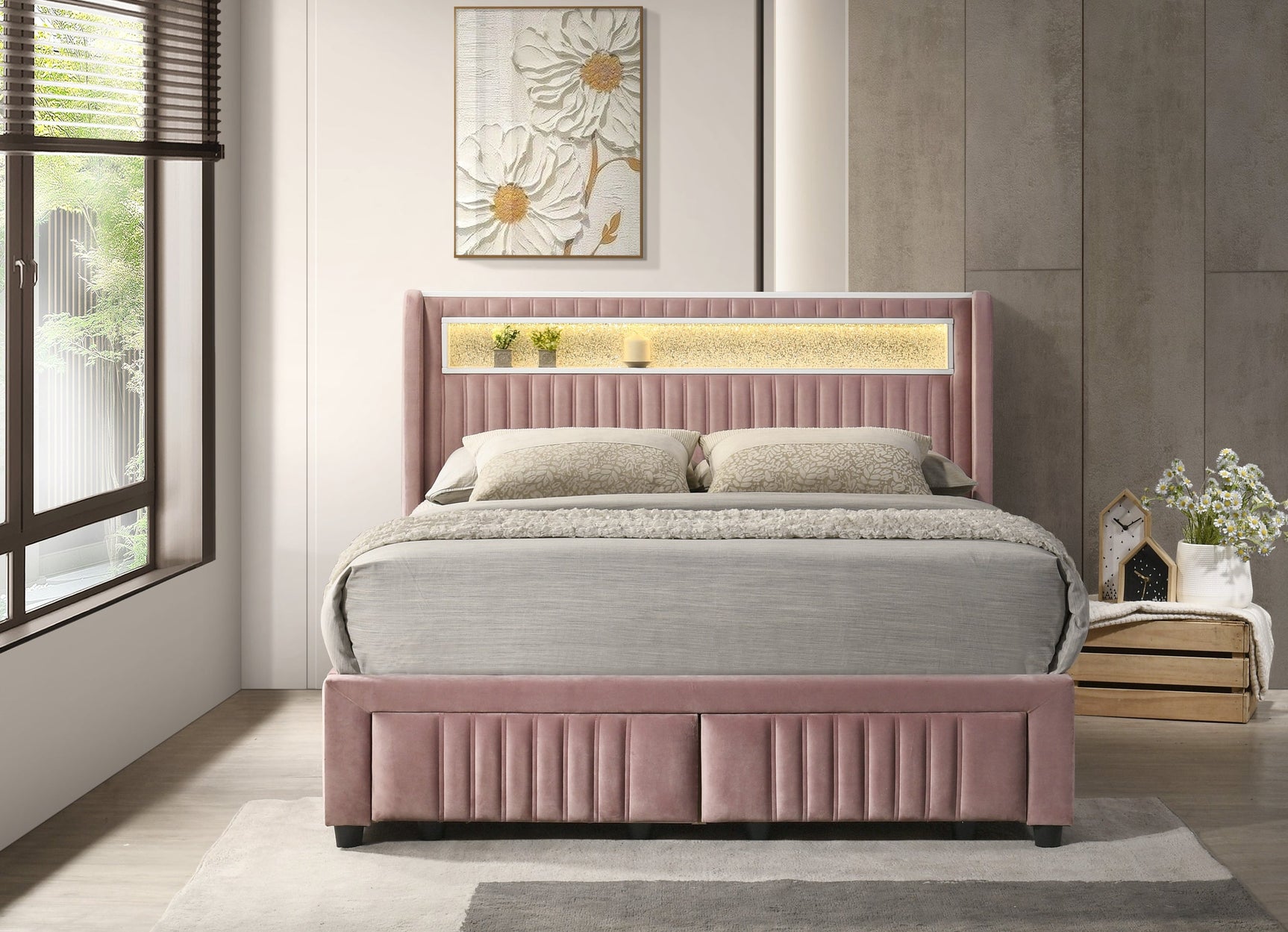 Cupid Pink Platform Twin Bed side angle showing fabric upholstery