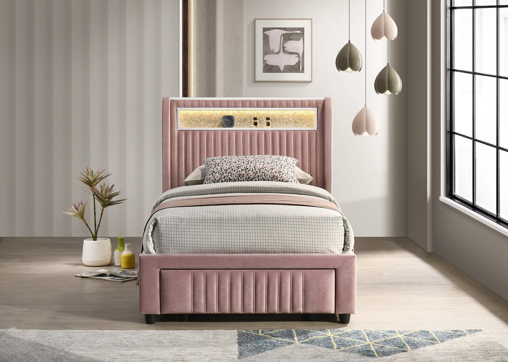 Cupid Pink Platform Twin Bed footboard with drawer open