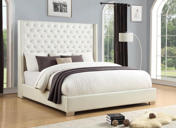 White modern king bed with 6ft tall diamond tufted faux leather upholstered headboard