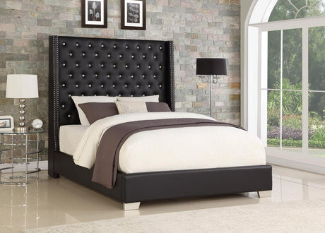 Wendy Black Upholstered Tufted King Bed showing diamond tufted black faux leather headboard