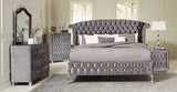 Diamond Palace gray velvet upholstered tufted wingback panel king bed side view
