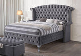 Diamond Palace gray velvet upholstered tufted wingback panel king bed bedroom view