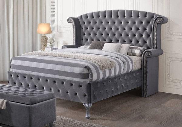 Diamond Palace gray velvet upholstered tufted wingback panel king bed bedroom view