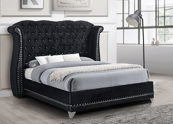 Luxor Black Velvet Tufted Upholstered Platform King Bed front angle