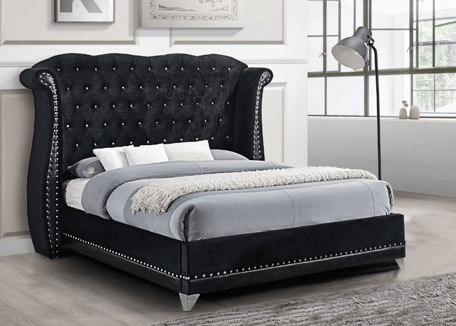 Luxor Black Velvet Tufted Upholstered Platform King Bed front angle