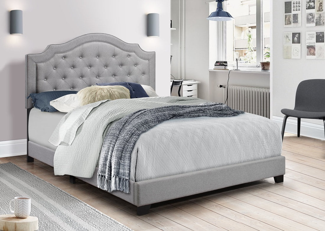Gray linen tufted upholstered king bed front view
