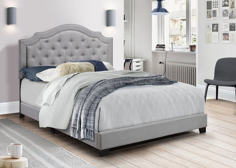 Gray linen tufted upholstered king bed front view