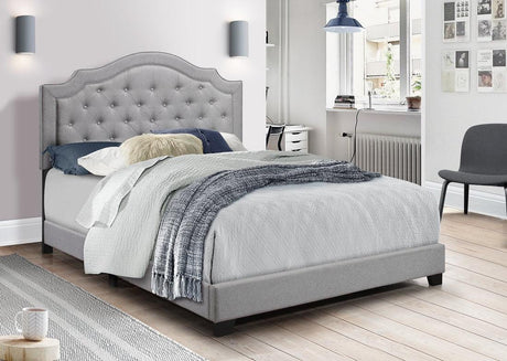 Starbed gray linen upholstered tufted queen bed side angle
