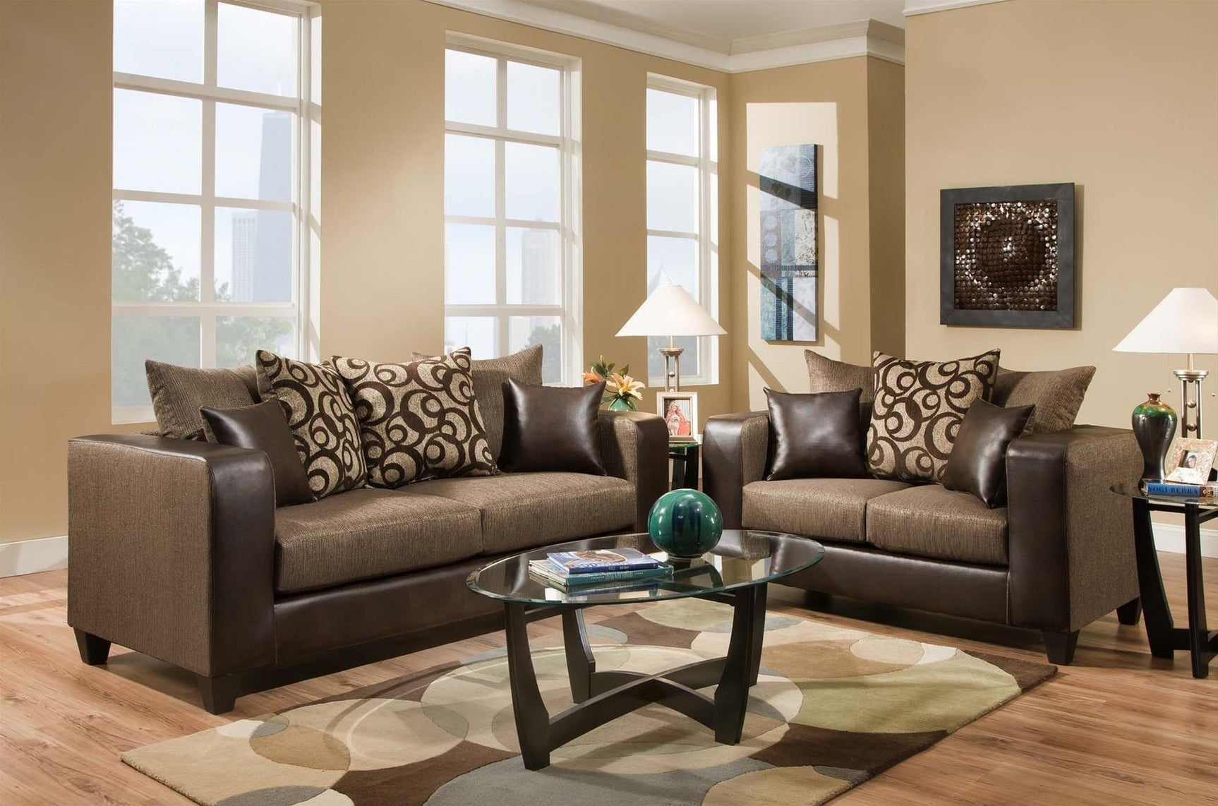 Riverstone brown chenille fabric and faux leather sofa front view
