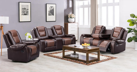 Jordan Brown brown faux leather reclining sofa front angle