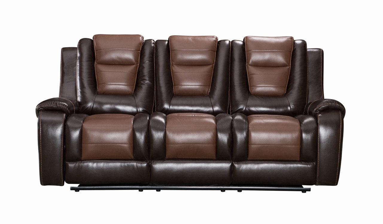 Jordan Brown reclining loveseat with console in brown faux leather