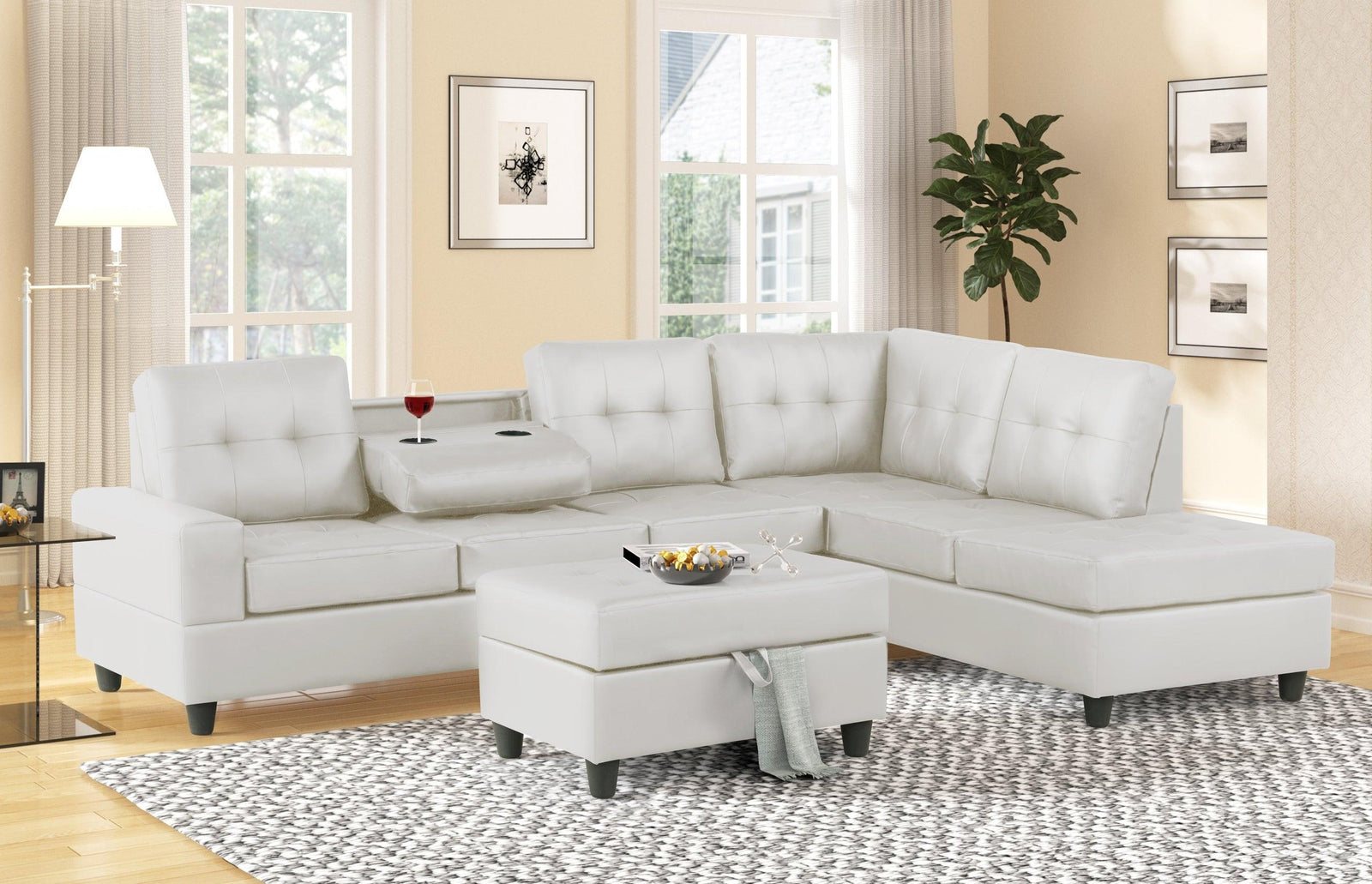 main view of Heights White Faux Leather Tufted Reversible Sectional Storage Ottoman Set sectional sofa