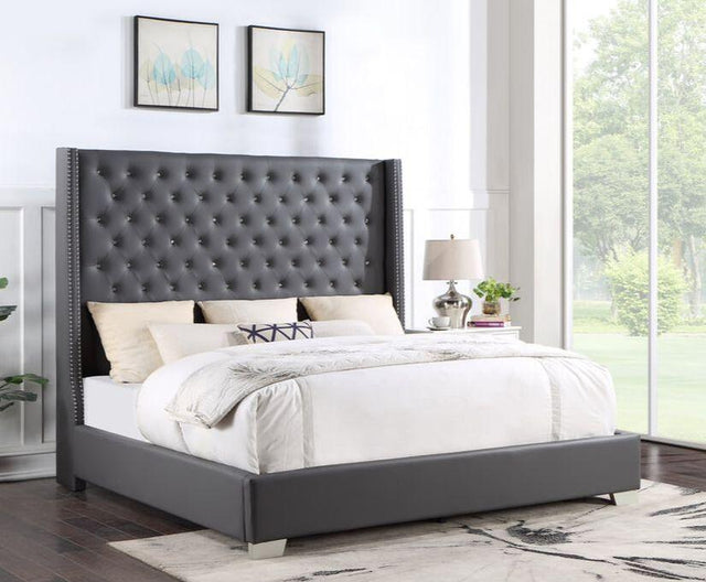 Gray modern traditional king upholstered bed with diamond tufted faux leather headboard