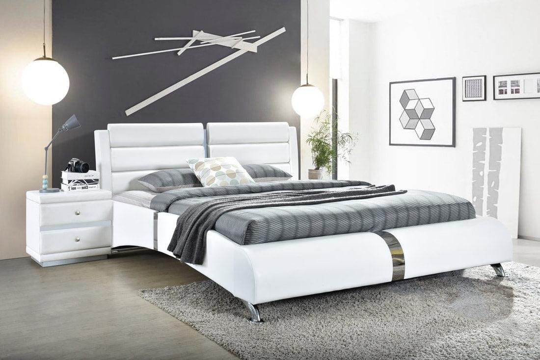 Vegas white modern faux leather upholstered platform king bed front angle