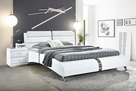 Vegas white modern faux leather upholstered platform king bed front angle