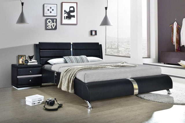Vegas black faux leather upholstered platform queen bed front view