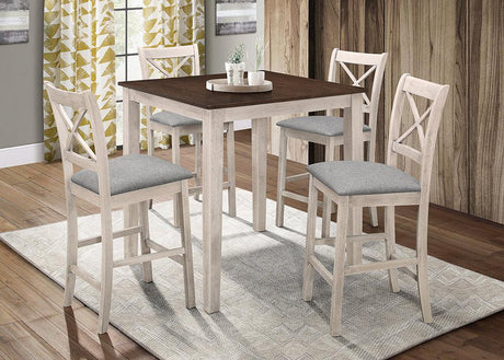 Front view of Tahoe Antique White dining room set with square table and four chairs
