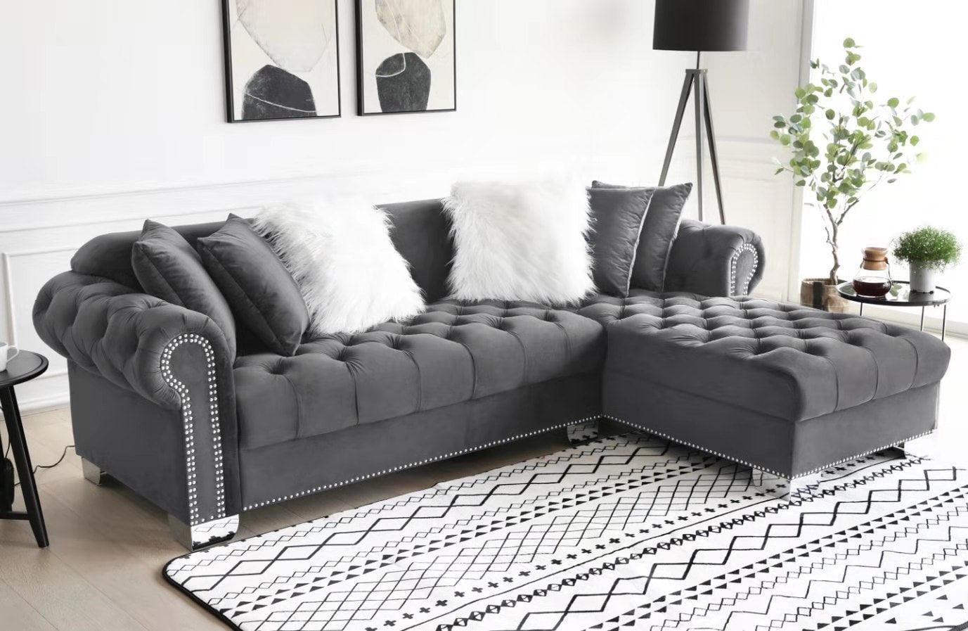 Royal Grey Velvet Tufted Sectional Sofa main view