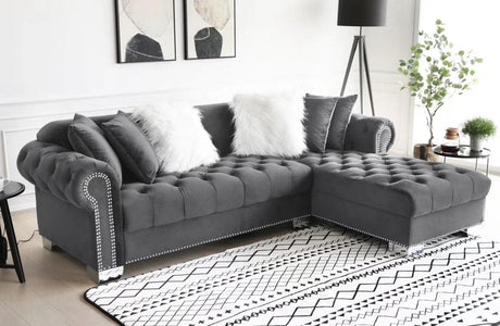 Royal Grey Velvet Tufted Sectional Sofa main view