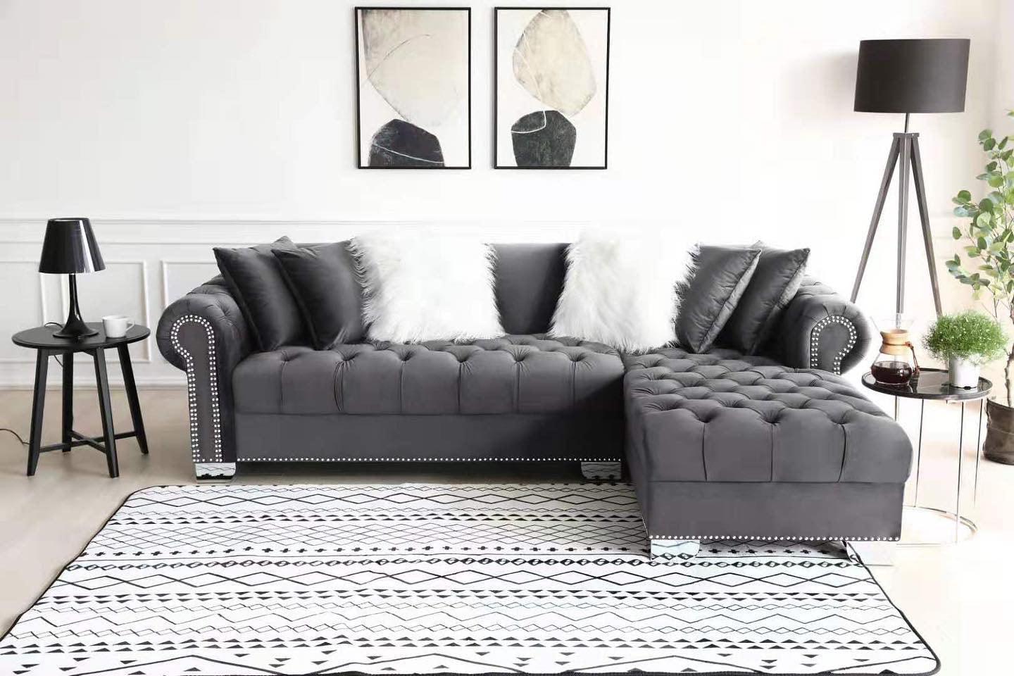 Royal Grey Velvet Tufted Sectional Sofa side view