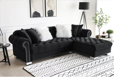 Royal Black Velvet Tufted Sectional Sofa front angle view