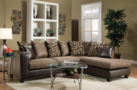 Emboss brown fabric and faux leather sectional sofa showing left-arm-facing sofa and right-arm-facing chaise