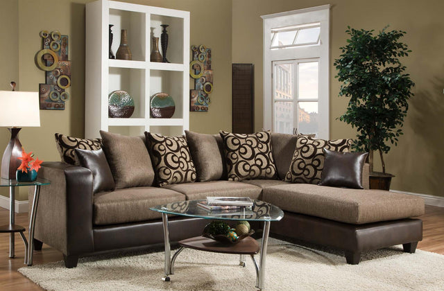 Emboss brown fabric and faux leather sectional sofa showing left-arm-facing sofa and right-arm-facing chaise