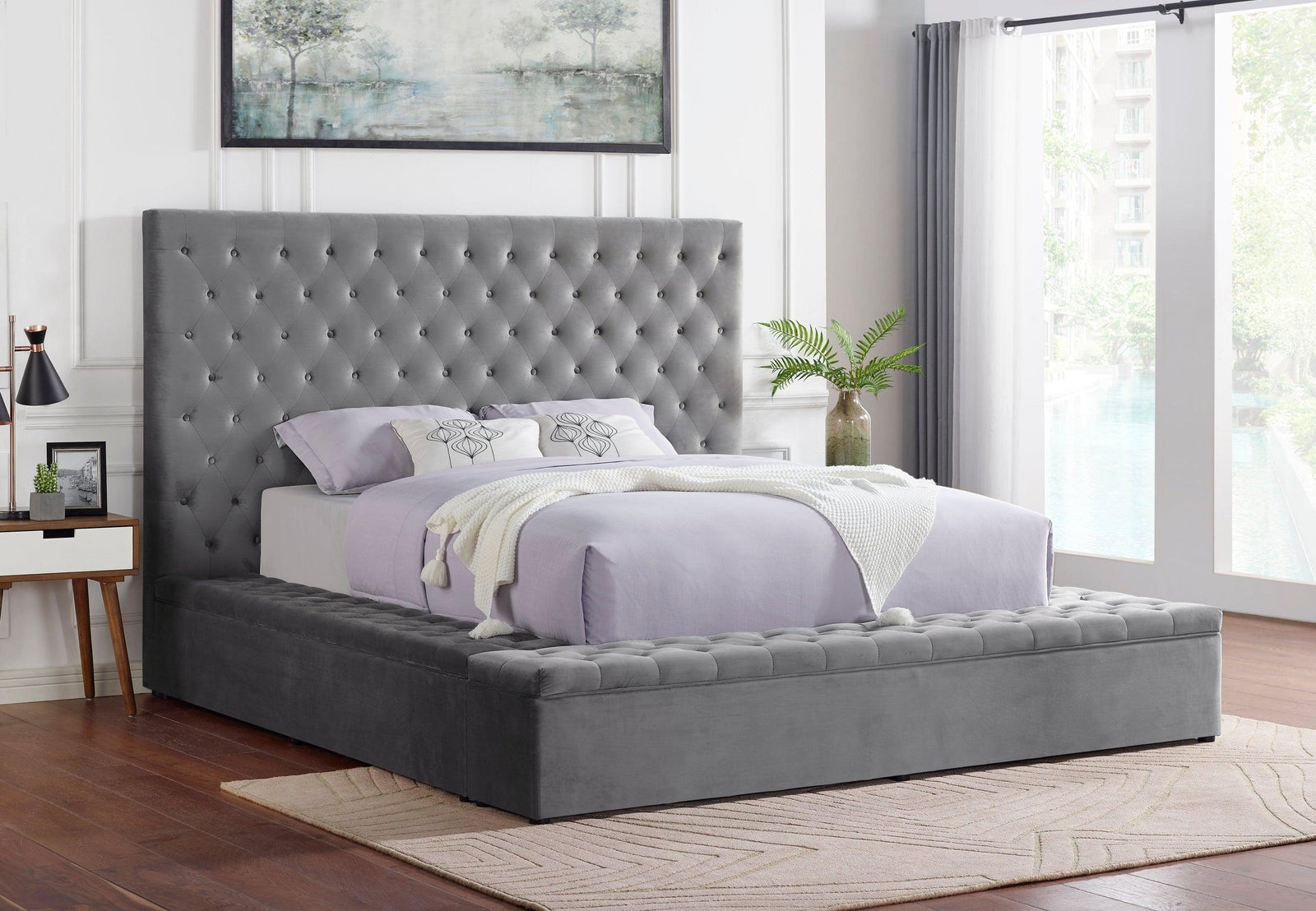 Paris Grey Modern Transitional Velvet Upholstered Tufted Storage Platform King Bed - Ella Furniture