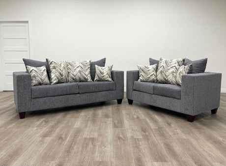 Charcoal chenille fabric sofa and loveseat set front view