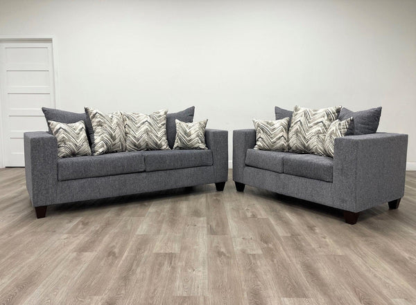 Charcoal chenille fabric sofa and loveseat set front view