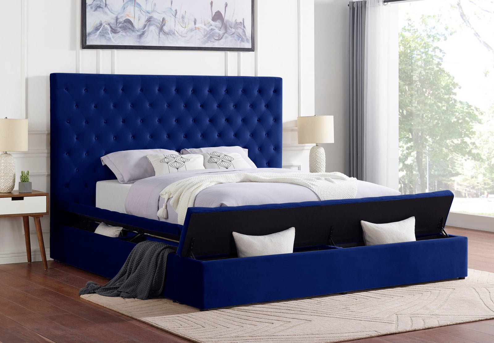 Paris Navy Modern Contemporary Solid Wood Velvet Upholstered Tufted Platform Queen Bed