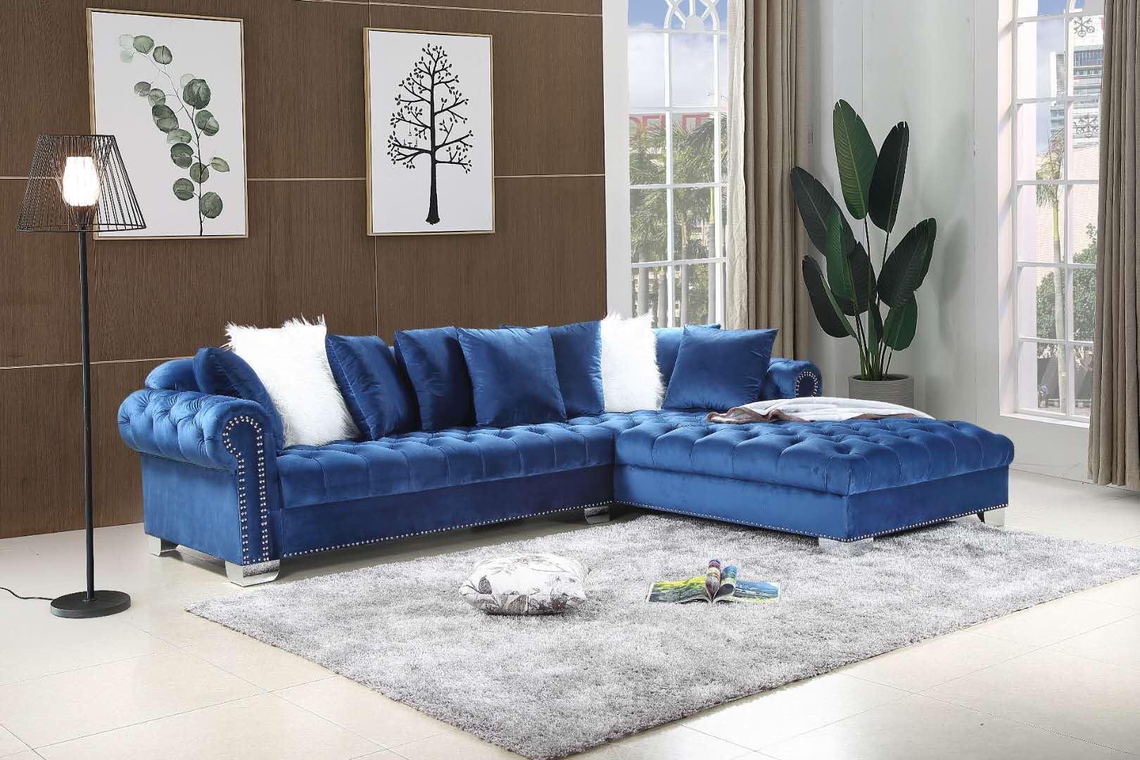 Side view of London Blue Velvet Tufted Oversized Sectional Sofa