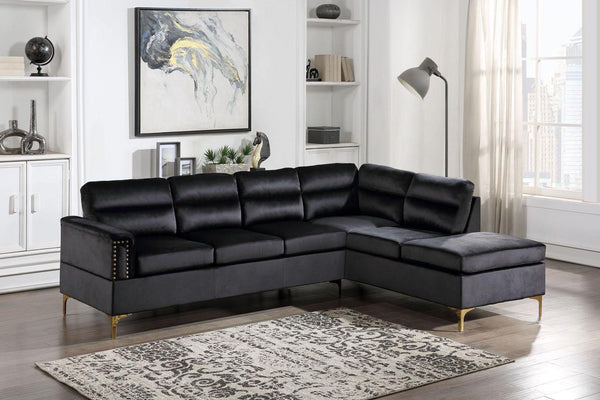 Vogue black velvet sectional sofa with gold metal legs main view
